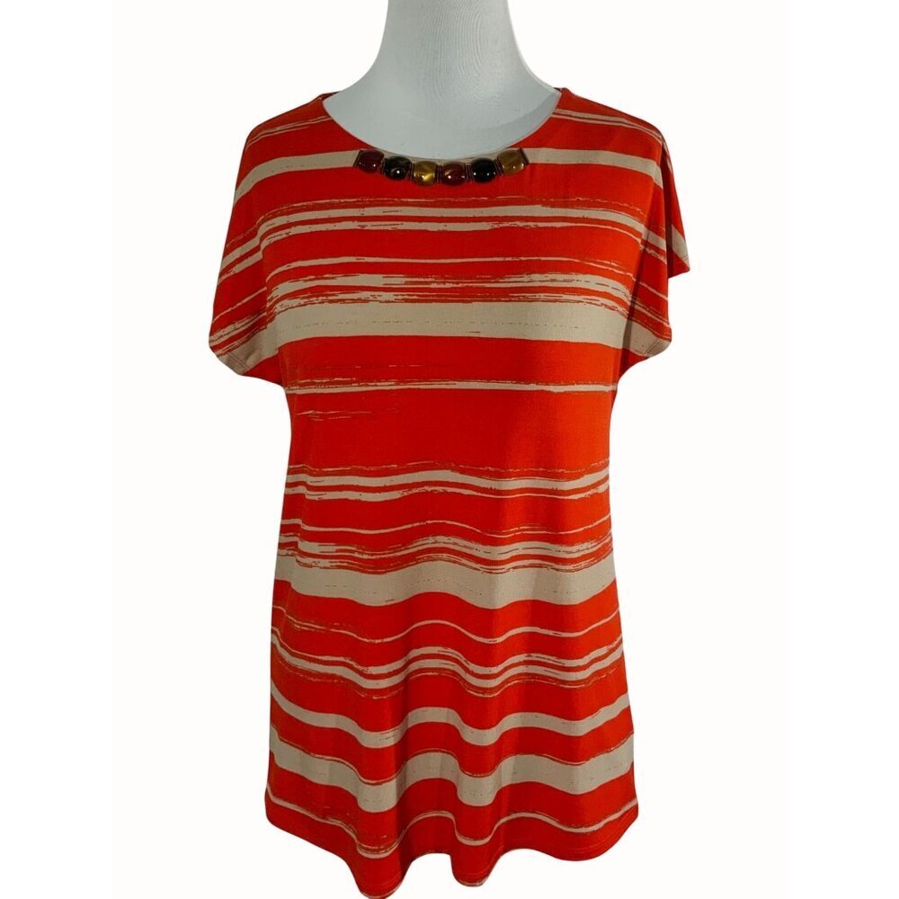 Susan Graver Artisan Size XS Orange Tan Striped Blouse Top Beaded Round Neckline